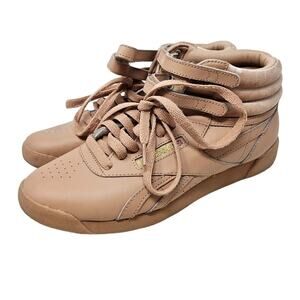 Reebok 8 Freestyle Hi Top Beige Blush Pink Velvet Leather Retro Sneaker